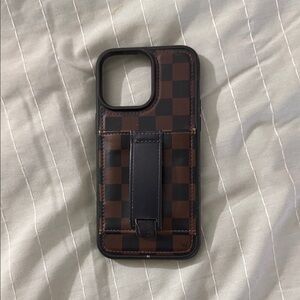 iPhone 14 Pro Max Walli Brown Checker Pattern Phone Case with Strap